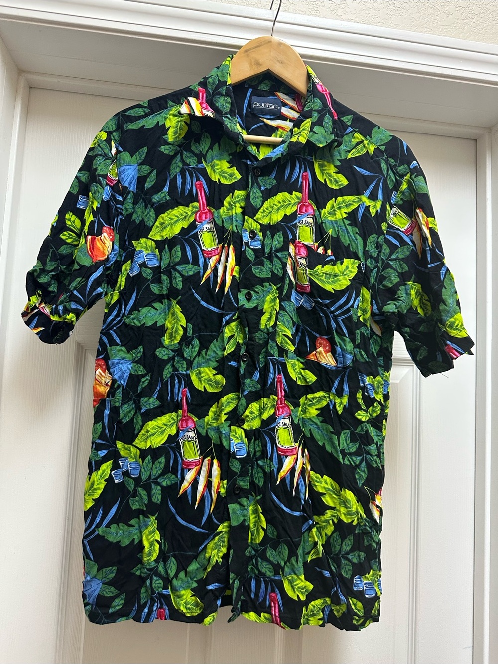 Puritan Black Tropical Button-Down Shirt with Green & Blue Leaf Print